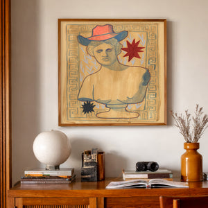 Western Greco Roman Cowboy Bust Art Print by Caya Crum, a matted archival art print inspired by neoclassical sculpture, western wit, and the polished feel of a midcentury home office, available at crumart.com. This museum quality print is made right here in Texas.  A great gift for the rancher in the city, the design-minded cowboy, or anyone who likes their western art with a little brains and swagger.