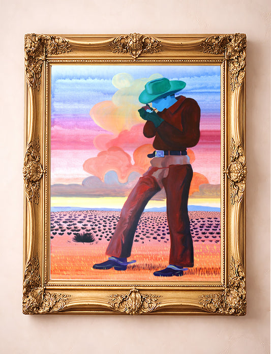 Jack Sunset full-length cowboy art print by Caya Crum, lighting a cigarette under a sunset sky, in a gold frame