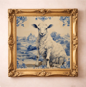 Western Wall Art - Chinoiserie Blue and White Lamb Art Print, a matted archival art print in a gold frame inspired by blue-and-white porcelain, 4-H memories, and next-level stock-show style for ranch decor, available at crumart.com. This museum quality print is made right here in Texas.