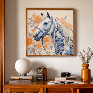 Western Wall Art Chinoiserie Blue and White Horse Portrait Art Print, a matted archival art print inspired by floral chinoiserie, midcentury style, and the polished feel of a classy ranch home office, available at crumart.com. This museum quality print is made right here in Texas.