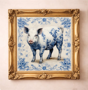 Western Wall Art - Chinoiserie Blue and White Pig Art Print, a matted archival art print in a gold frame inspired by blue-and-white porcelain, playful farm charm, and the kind of sweet stock-show pride that makes it a great gift for a kid who raised a pig in 4-H or ag, available at crumart.com. This museum quality print is made right here in Texas.
