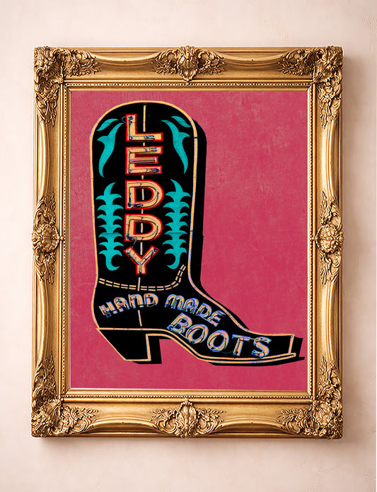 Cowboy boot art black Leddy boot minimalist print by Betsy Crum in a gold frame