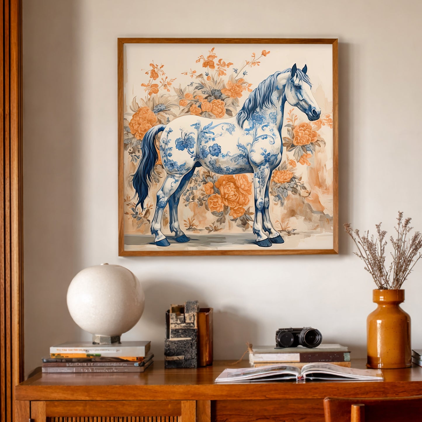 Western Wall Decor Chinoiserie Blue and White Full Horse Art Print, a matted archival art print inspired by equestrian elegance, midcentury style, and the polished feel of a classy home office for the rancher in the city, available at crumart.com. This museum quality print is made right here in Texas.