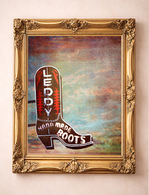 Leddy cowboy boot Stockyards Fort Worth print by Betsy Crum in a gold frame