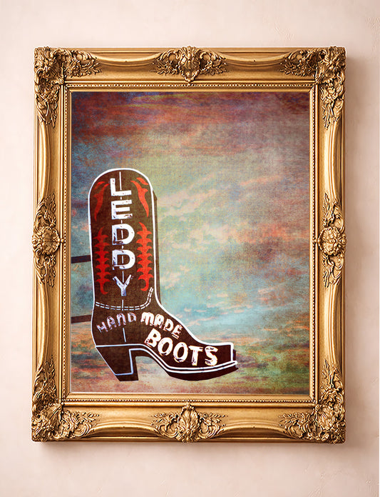 Fort Worth Art Prints — Leddy Boot with a Big Colorful Stockyards Sky Wall Decor and Gifts  Betsy  Crum Art