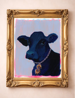 Western art print of a black cow wearing a gold dollar-sign charm in an ornate frame