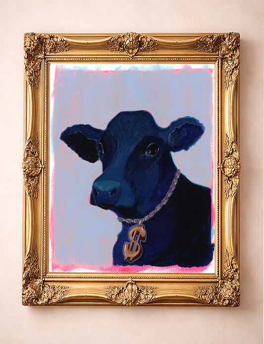 Western art print of a black cow wearing a gold dollar-sign charm in an ornate frame