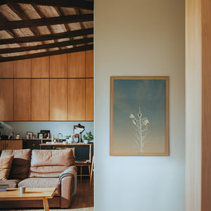 White Sands Yucca desert art print by Betsy Crum — framed in a wood-accent room