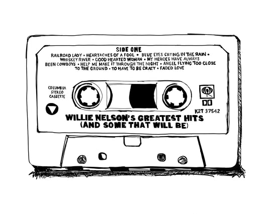 Willie Nelson Art - Greatest Hits Cassette Print | Betsy Crum Art Crum Art