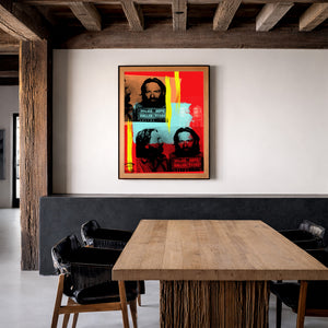 Willie Nelson art in a midcentury modern living room