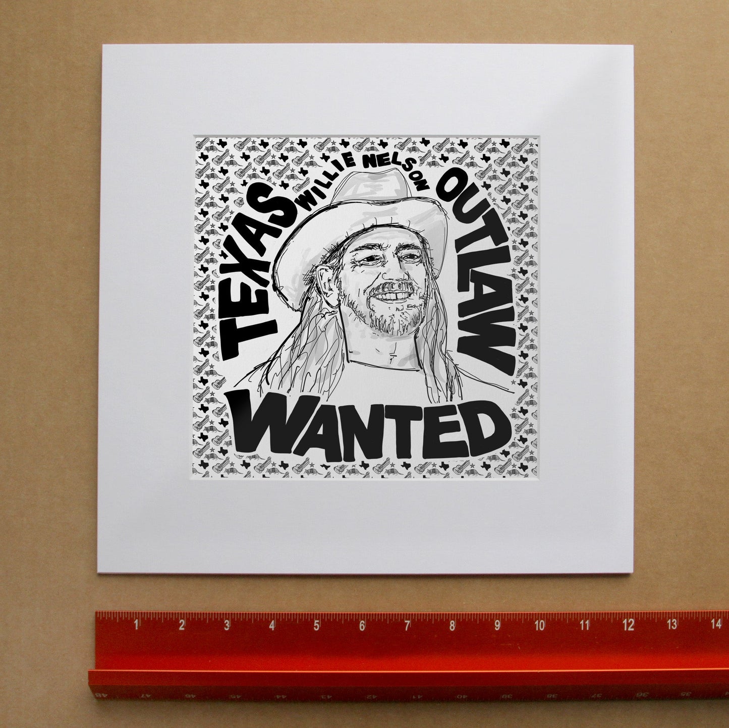 Willie Nelson Folk Art Print by Betsy Crum, inspired by rough-hewn portraiture, black-and-white graphic contrast, and the kind of offbeat Texas music wall art that feels a little funny, a little soulful, and full of personality, available at crumart.com. This museum quality print is made right here in Texas.