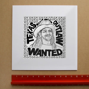 Willie Nelson Folk Art Print by Betsy Crum, inspired by rough-hewn portraiture, black-and-white graphic contrast, and the kind of offbeat Texas music wall art that feels a little funny, a little soulful, and full of personality, available at crumart.com. This museum quality print is made right here in Texas.