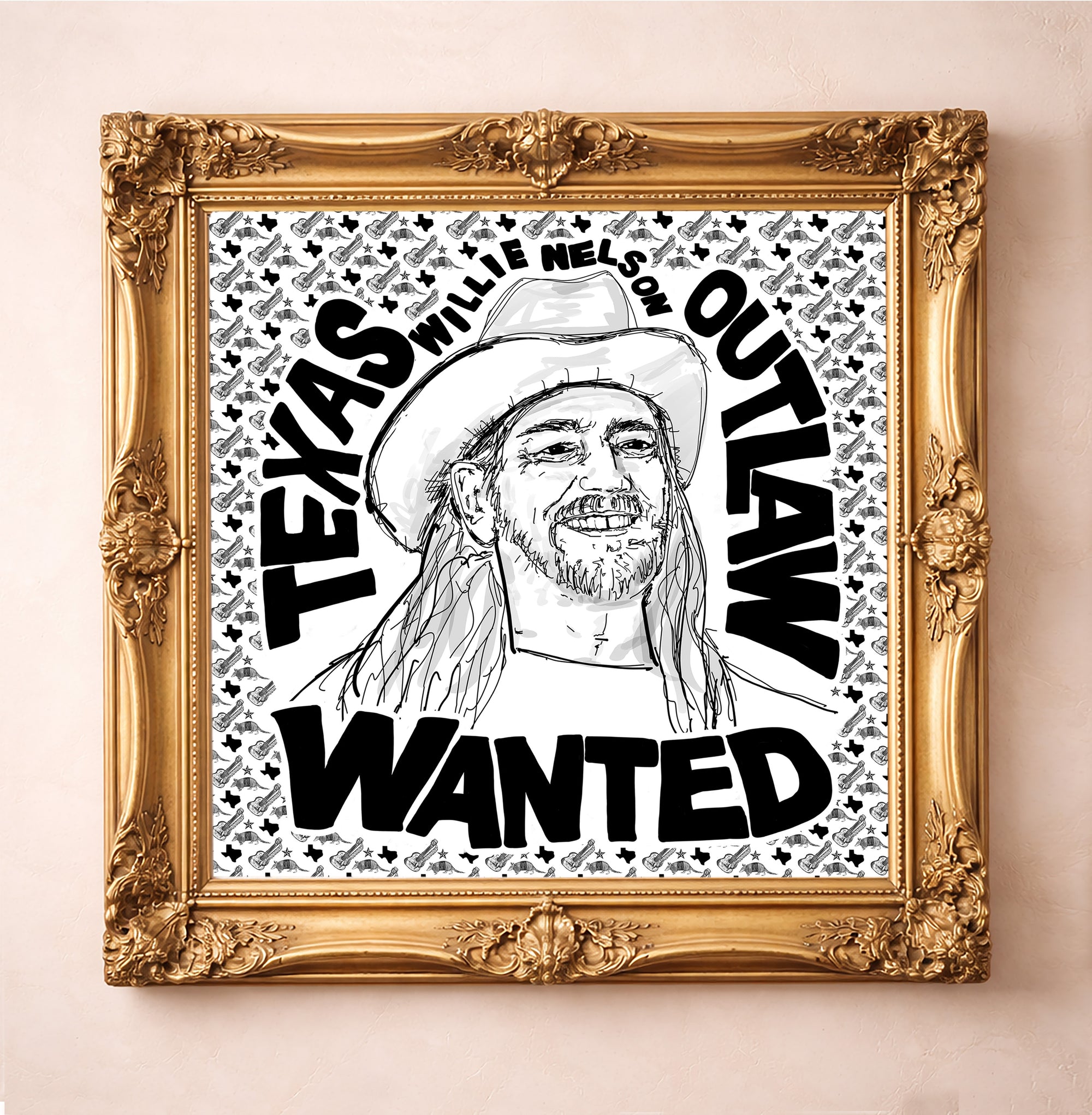 Willie Nelson Outlaw Wanted Poster Art Print by Betsy Crum, inspired by outsider art, rough hand-drawn portraiture, and the kind of offbeat Texas music energy that makes this Willie portrait funny, raw, and unforgettable, available at crumart.com. This museum quality print is made right here in Texas.
