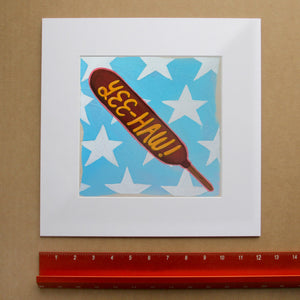 Yee-Haw Corndog Art Print and Circus decor| Caya Crum Art in matted square frame mockup