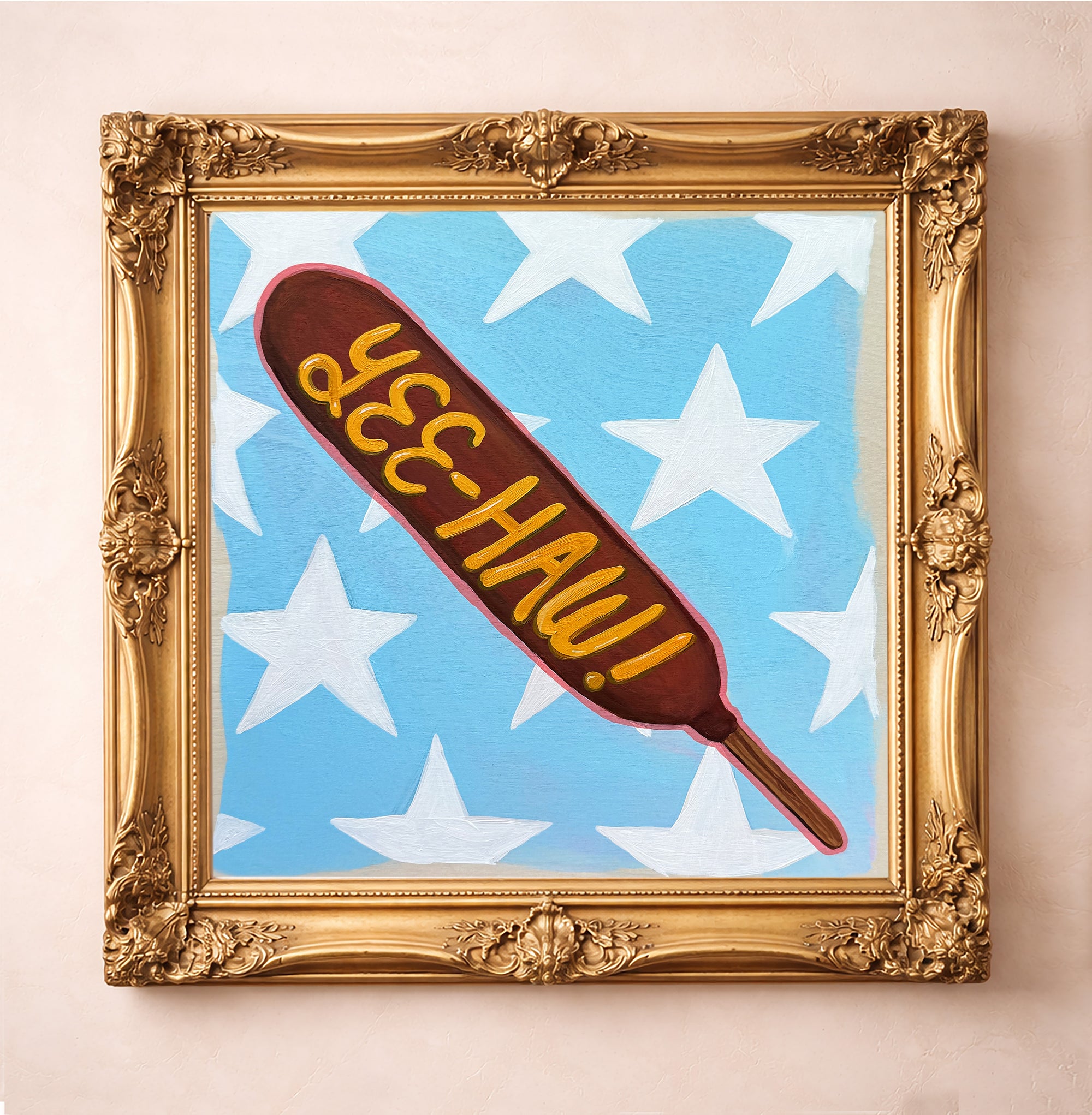 Yee-Haw Corndog Art Print by Caya Crum, inspired by playful state fair energy, cheeky Texas humor, and the kind of bold conversation-piece art that feels right at home in a fun apartment, dorm, or eclectic gallery wall, available at crumart.com. This museum quality print is made right here in Texas.