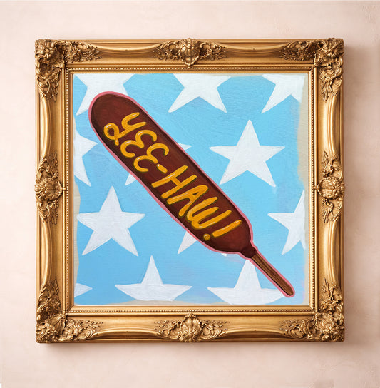 Yee-Haw Corndog Art Print by Caya Crum, inspired by playful state fair energy, cheeky Texas humor, and the kind of bold conversation-piece art that feels right at home in a fun apartment, dorm, or eclectic gallery wall, available at crumart.com. This museum quality print is made right here in Texas.