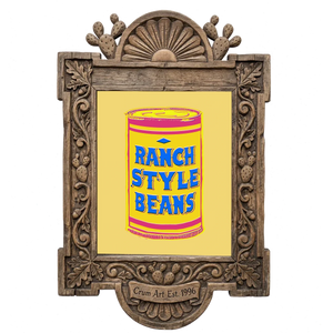 Ranch Style Beans can, yellow and blue — art print in a carved wood frame, Crum Art