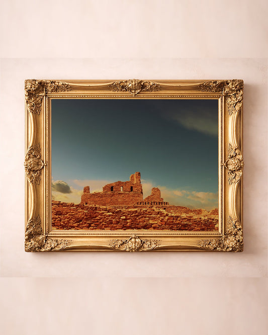 New Mexico landscape print with sunlit Abo mission ruins and big Southwestern sky in ornate gold frame
