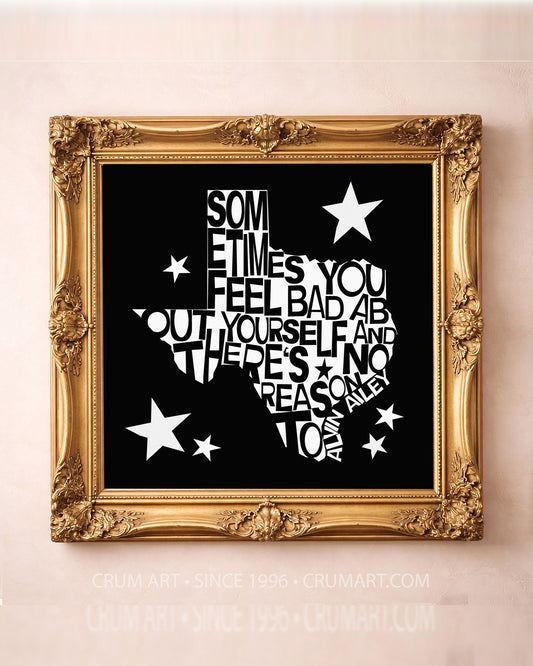 Alvin Ailey Quote art print in a gold frame by Betsy Crum — square inspirational art from Crum Art, available at crumart.com. This museum quality print is made right here in Texas.