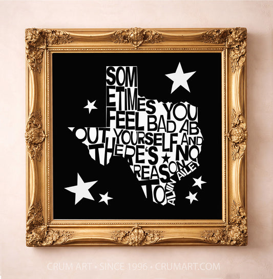 Alvin Ailey Quote art print in a gold frame by Betsy Crum — square inspirational art from Crum Art, available at crumart.com. This museum quality print is made right here in Texas.