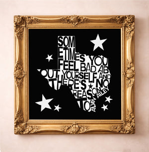 Alvin Ailey quote art print by Betsy Crum in a square gold frame, Texas-shaped typography