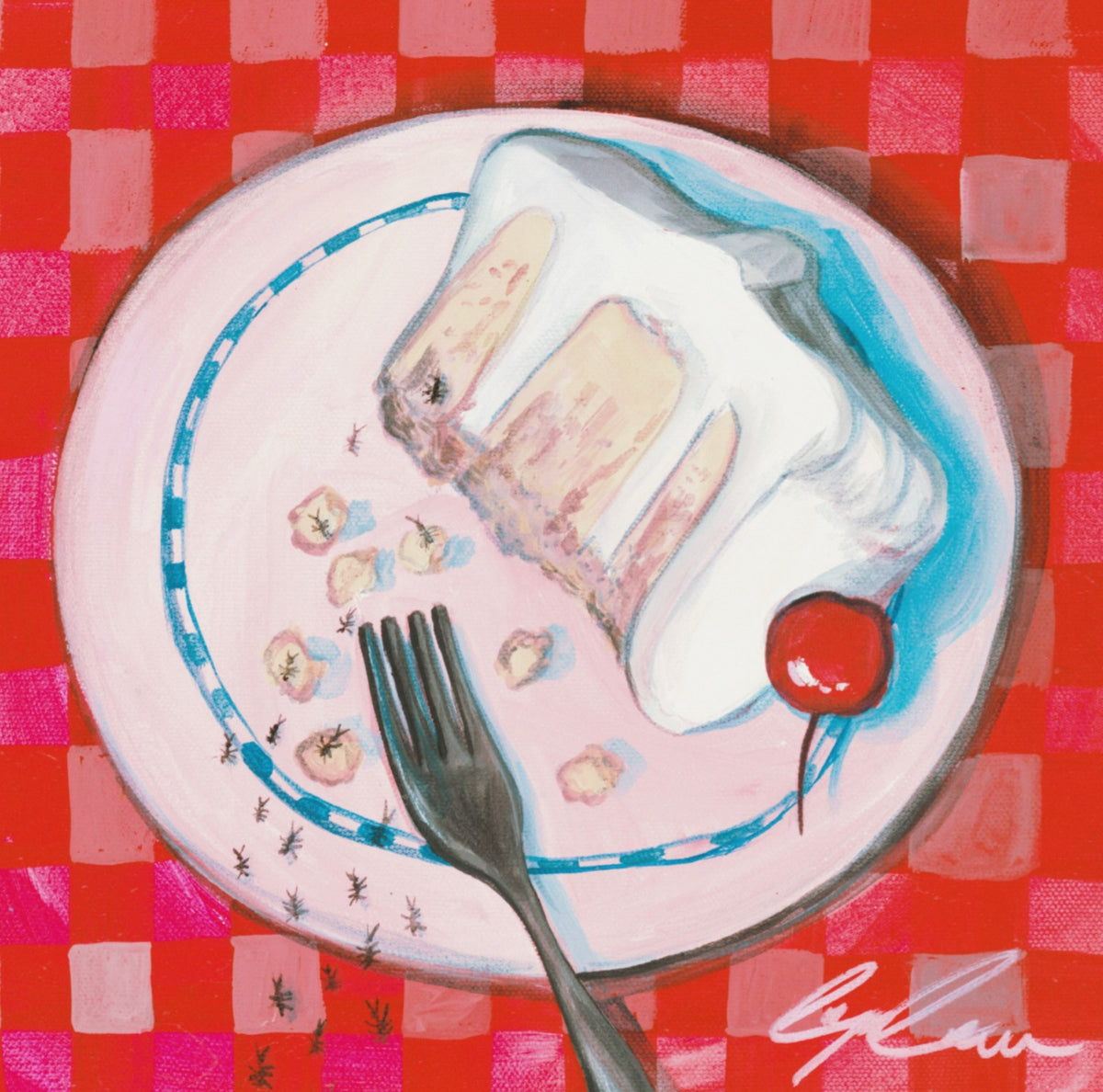 Ant-Eaters, original painting by Caya Crum — slice of cake with a cherry on a pink plate, red gingham cloth and ants, 12 x 12 inches
