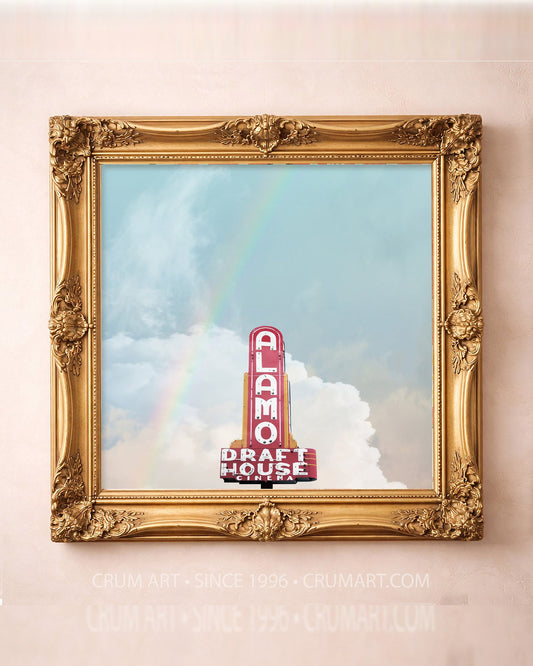 Alamo Drafthouse Print — square art print by Betsy Crum in a square gold frame
