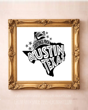 Greetings From Austin — Austin art print by Carl Crum in a square gold frame