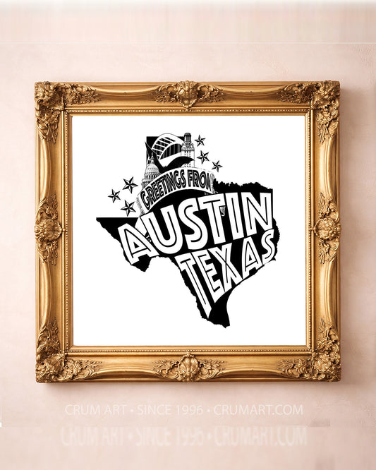 Greetings From Austin — Austin art print by Carl Crum in a square gold frame