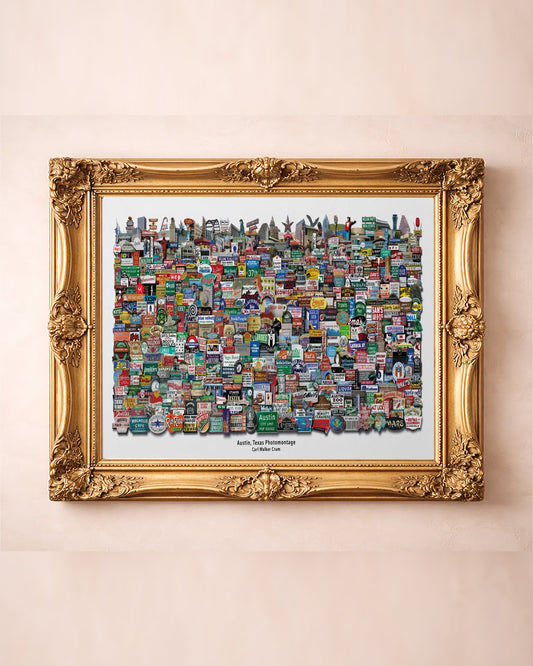 Old Austin signs photomontage print by Carl Crum in a gold frame