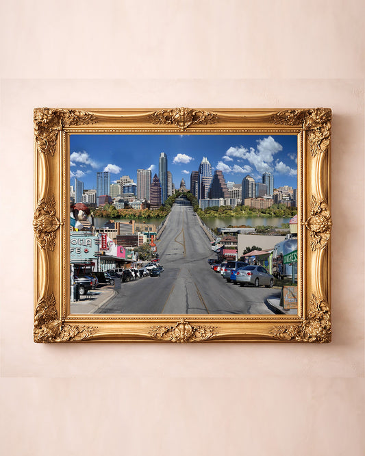 South Congress Avenue — Austin art print by Crum Art in a horizontal gold frame