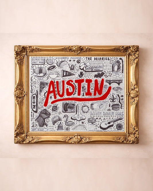 Austin icons pen and ink art print by Caya Crum in a gold frame, hand-drawn Austin landmarks