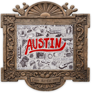 Austin Icons Pen & Ink — art print by Caya Crum in a carved wood frame