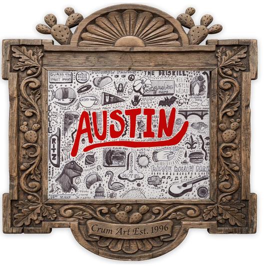 Austin Icons Pen & Ink — art print by Caya Crum in a carved wood frame