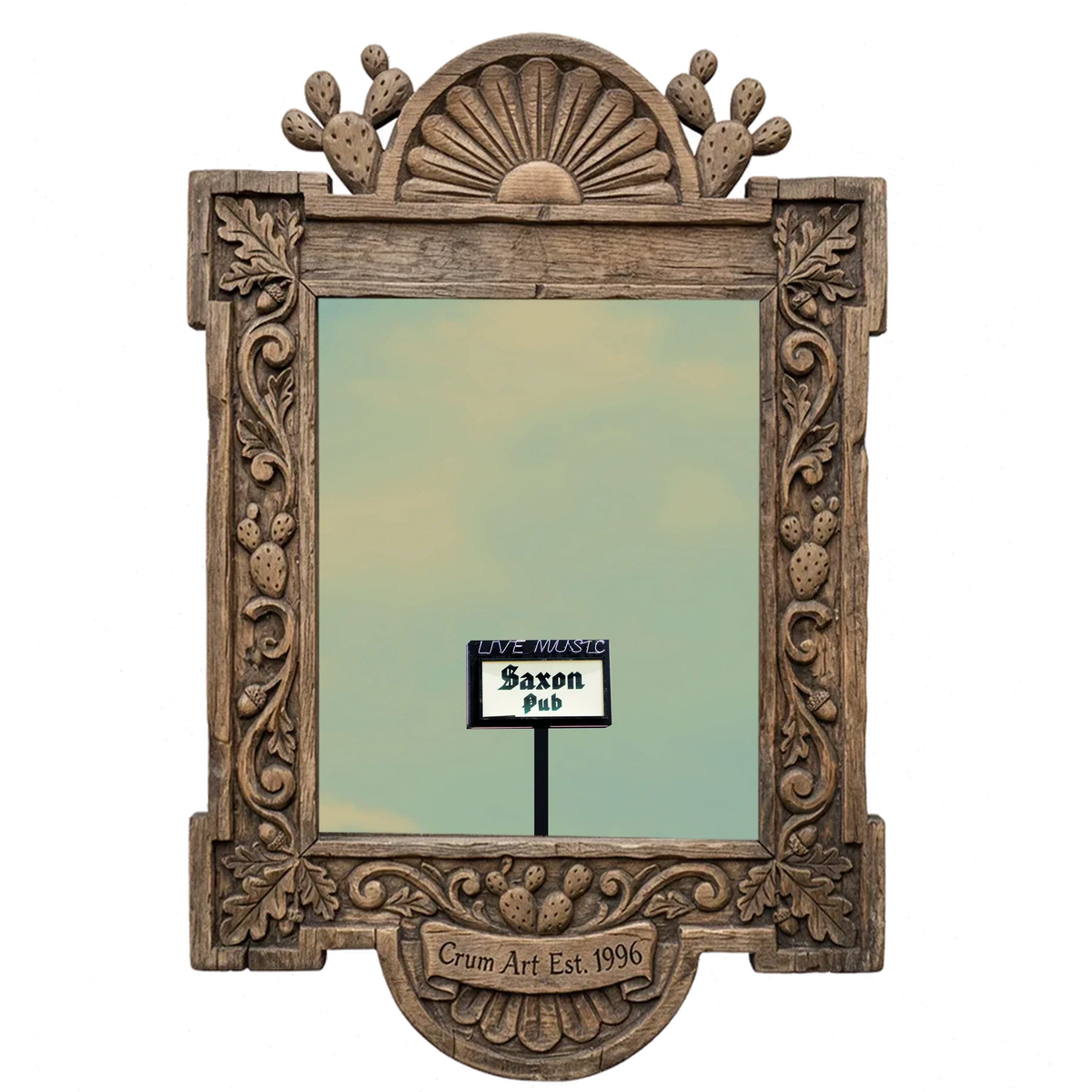 Saxon Pub — Austin art print by Betsy Crum in a carved wood frame