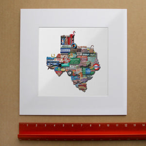Austin Texas Photomontage Print Texas Shape | Old Neon, Signs and Landmarks  Carl Crum Art in matted square frame mockup
