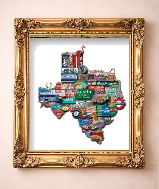Texas Shaped Photomontage — art print by Betsy Crum in a gold frame