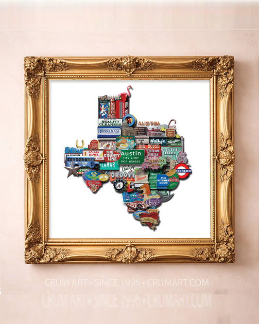 Texas Shaped Photomontage — square art print by Betsy Crum in a square gold frame