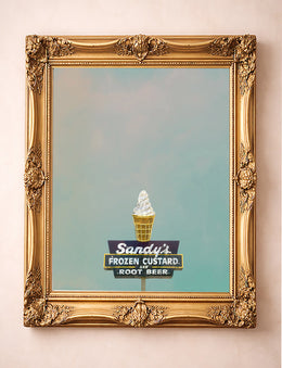 Sandy's Frozen Custard neon sign art print by Betsy Crum in ornate gold frame, Austin ice cream wall art