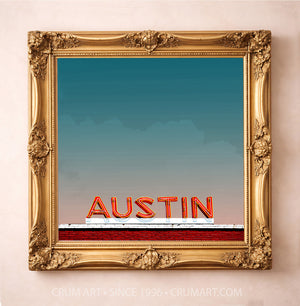 Austin Neon Sign Print in a gold frame by Betsy Crum — square Austin wall art available at crumart.com. This museum quality print is made right here in Texas.