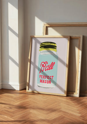 Ball Jar kitchen art print by Betsy Crum — neutral frame room mockup