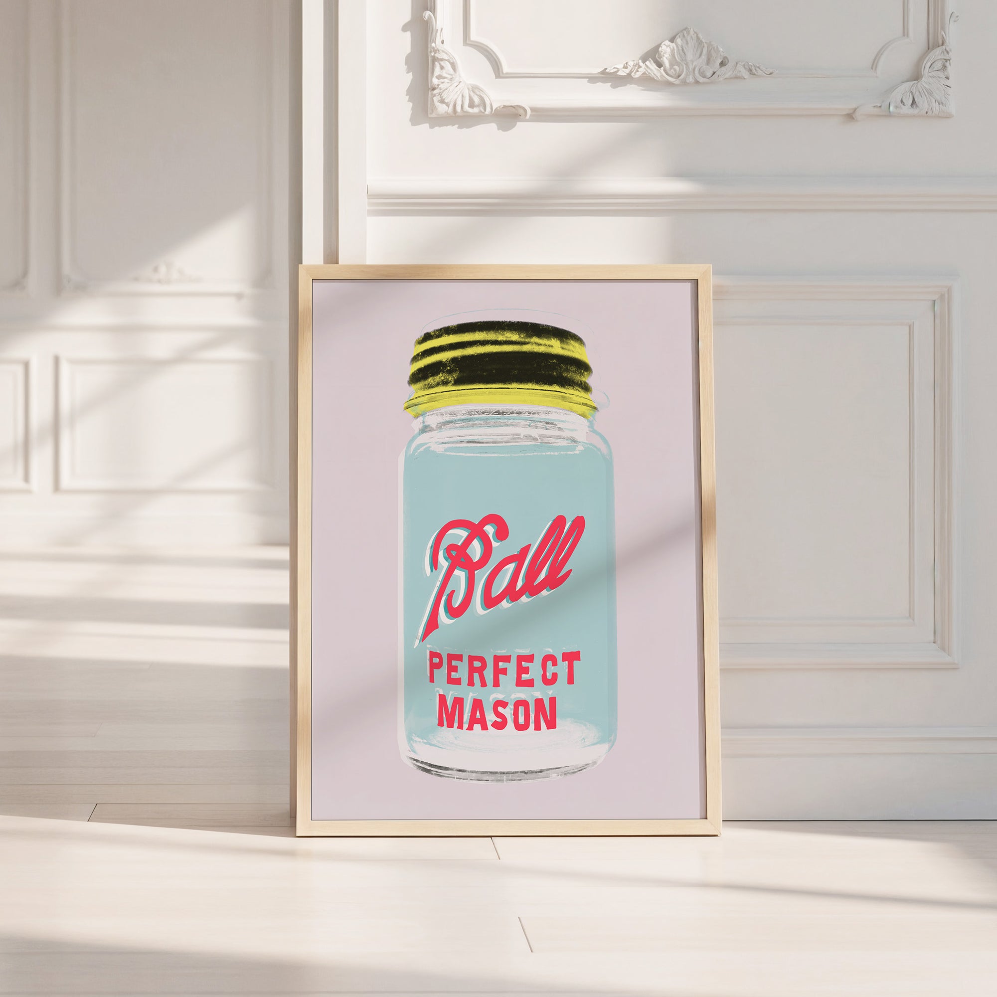 Ball Jar kitchen art print by Betsy Crum — neutral frame room mockup
