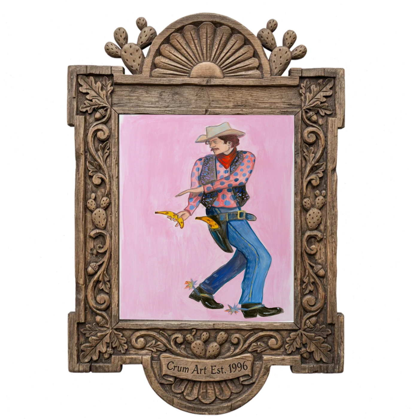 Banana Cowboy Bandit — art print by Caya Crum in a carved wood frame