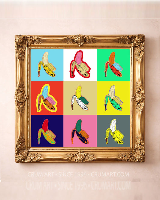 Banana Pop Print art print in a gold frame by Betsy Crum — square maximalist wall art from Crum Art, available at crumart.com. This museum quality print is made right here in Texas.