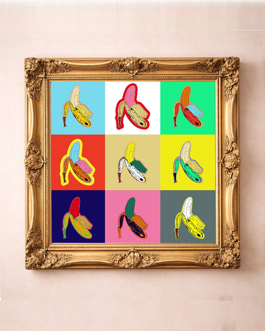 Banana Study art print in a square gold frame — Betsy Crum's minimalist banana grid