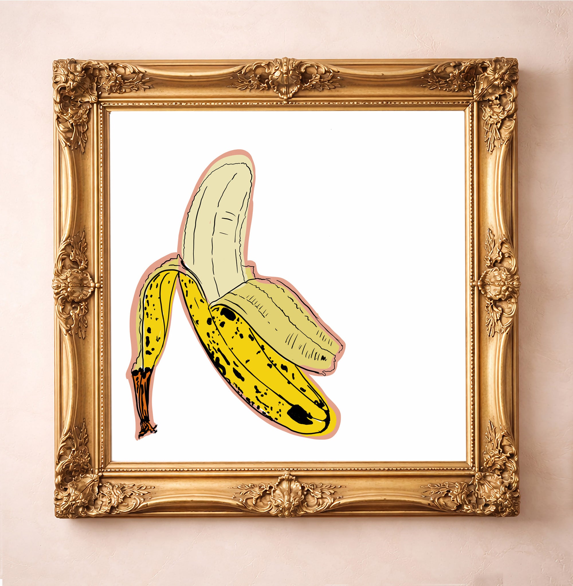 Banana pop art print by Betsy Crum in a square gold frame