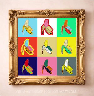 Banana Pop Print art print in a gold frame by Betsy Crum — square maximalist wall art from Crum Art, available at crumart.com. This museum quality print is made right here in Texas.