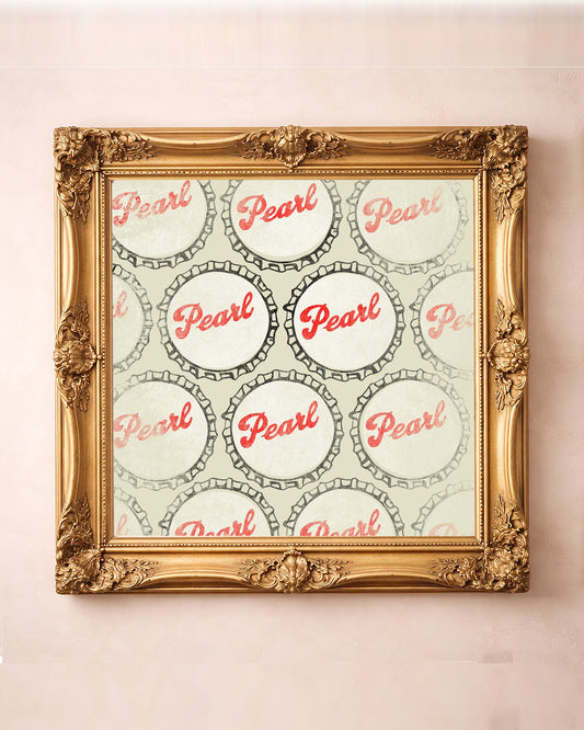 Pearl Beer Bottle Caps — bar art print by Betsy Crum in a square gold frame