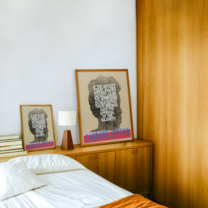 Barbara Jordan Texas art print by Betsy Crum — framed in a wood-accent room