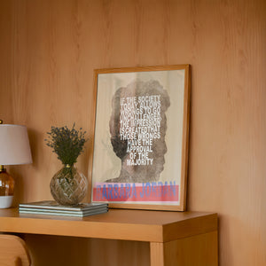 Barbara Jordan Texas art print by Betsy Crum — framed in a wood-accent room